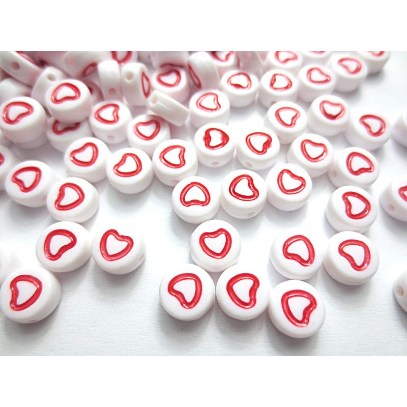 500pcs Heart Beads Round Flat White & Red 7mm Craft