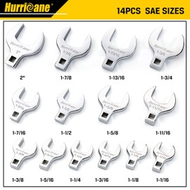 HURRICANE 1/2” Drive Crowfoot Wrench Set, 14 Piece Jumbo Crowfoot Flare Nut Wrench Tool Set, SAE Sizes from 1-1/16" to 2" with Storage Tray, With Fully Polished Chrome Finished