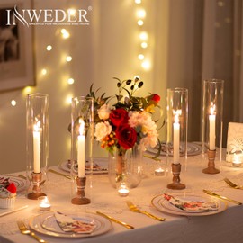 Inweder Rustic Wood Candlestick Holders: 2 Pcs Wood Candle Holders for Taper Candles, Wooden Candle Holders for Candlesticks, Wood Taper Holders with Glass Cover for Wedding Event Home Decor