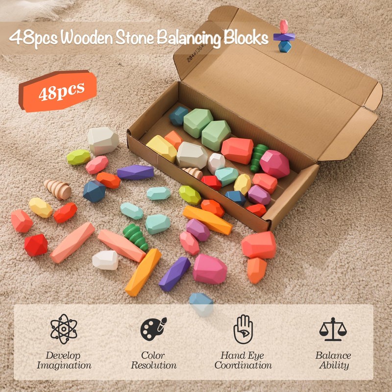 OESSUF Stacking Rocks 48Pcs Stacking Blocks Balancing Stacking Stones Wooden