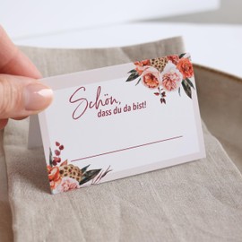 50 Place Cards Roses and Flowers Design Wedding or Christening Place Cards to Write on Yourself with Text "Schön dass du da bist" Elegant Seating Cards