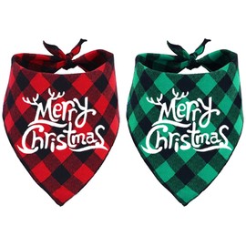 GOYOSWA 2 Pack Christmas Dog Bandanas Classic Buffalo Plaid Merry Christmas Holiday Dog Bandana Triangle Scarf Christmas Pet Bandanas for Small Medium Large Dogs (Red and Green, Merry Christmas)