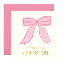 Cute Pink Bowtie Birthday Card - 'Prettiest Birthday Girl' - Gifts for Daughter, Niece, Granddaughter, Cousin, Little Sister, Kids - Pretty - Comes with Fun Stickers