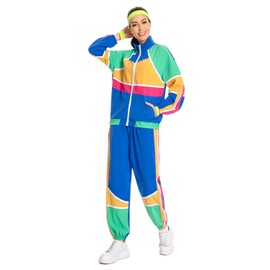 80s Costume Outfits for Women 2 Piece Tracksuit Color Block Sweatshirt Jacket Pants Hip Hop Sportswear