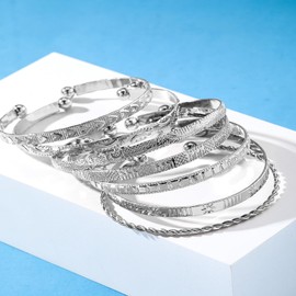 17IF Silver Bangle Bracelet For Women 14k Plated Multi Layer Cuff Boho Bracelets Set Trendy Textured Indian Punk Chunky Cable Smooth Bangles Pack Charms Minimalist Jewelry Gift