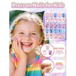 130PCS Press on Nails for Kids, TOROKOM Cute Kids Fake Nails Heart Flower Short Square False Nail Gift for Girls Children 8-12 Age with Nail Adhesive Tab & Quick-dry Nail Glue (5 Pack)