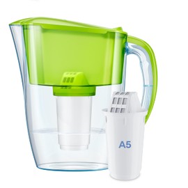 AQUAPHOR Wasserfilter Smile Hellgrün inkl. 1 A5 Filter I Reduziert Kalk & Chlor I Karaffe für 2,9l I Kompakter & leichter WasserfiIter I Tischwasserfilter I Passt in die Kühlschranktür