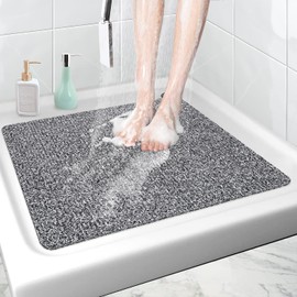 Mavicen Shower Mat Non-Slip Square 60 x 60 cm PVC Loofah Bath Mat Soft Easy Cleaning Shower Non-Slip Mat with Drain Non-Slip Bath Mat for Children and Seniors Black White