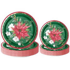 WRAPAHOLIC 50Pcs Christmas Paper Plates - 7 & 9 Inch Gold Foil Poinsettia Flower Disposable Plates Decorative Dinner Dessert Plates for Christmas Party Tableware Supplies Table Decor