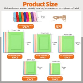 Tanstic 105Pcs 5 Sizes 10 Colors Paper Picture Frames Kit with Wooden Clips and String, Cardboard Picture Frames DIY Cardboard Photo Hanging Display Paper Photo Frame Cards Gallery Frames