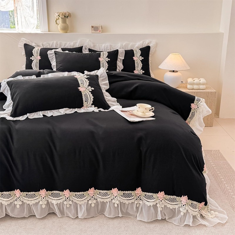 MOOWOO Flower Lace Ruffled Bedding Set- Sweet Girl Chiffon Ruffles