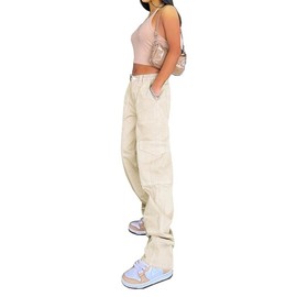 WZIKAI Cargo Pants for Women High Waisted Casual Pants Baggy Wide Leg Trousers Y2K Streetwear with 6 Pockets Beige M