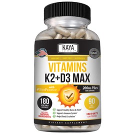 Kaya Naturals Vitamins K2 with D3 5000IU Supplement for Men and Women - Easy to Swallow - Bioperine Capsules (180 Count (Pack of 1)