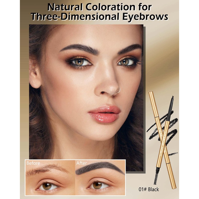 Eyebrow Pencil-12Pcs Black Retractable Eye Brow Pencil,Dual-Sided Brow Brush,Long-Lasting Waterproof,Ultra-Fine