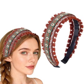 Boho Chic Headband, Cute Braid Headbands for Women, Vintage Ethnic Style Eyelet Lace Floral Fabric Head Band, Non-Slip Elastic Wide Boho Hair Accessories for Dressy Decorative(Wine Red)