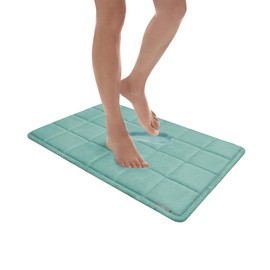 MICRODRY - Luxurious Square-Embroidered Memory Foam Bathroom Rug, Charcoal-Infused Bath Rug with Skid-Resistant Base, Absorbent Kitchen, Room & Bathroom Rugs, 16 x 24 inches, Aqua