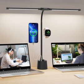 LED Desk Lamp 2600 Lumens 12W, Dual Head Table Lamp with 5 Color Modes & Stepless Dimming, 10W with Smart Dual USB Charging, Adjustable Office Light for Home, Study, Bedroom (Black, Adapter Included)