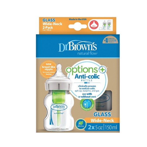 Dr. Brown’s Options+ Anti-Colic Wide-Neck Glass Baby Bottle 2x150ml