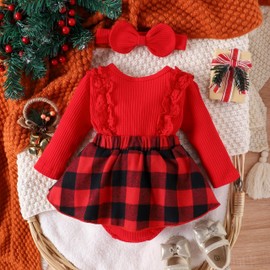 LIKPOJA Newborn Baby Girls My First Christmas Outfit Clothes Headband Infant Bodysuit Red Skirt Tartan Plaid Dress for Toddler Baby Girls Santa Romper(Red F,3-6 Months)