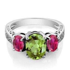 Gem Stone King 925 Sterling Silver Green Peridot and Red Created Ruby 3-Stone Ring For Women (2.35 Cttw, Gemstone Birthstone, Available In Size 5, 6, 7, 8, 9)