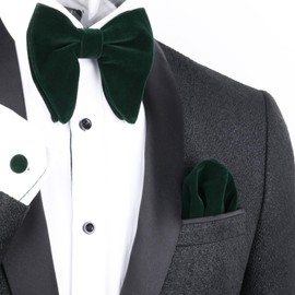 Alizeal Mens Pre-Tied Velvet Oversized Bow Tie, Hanky and Cufflinks Set Classic Formal Solid Color Bowtie Set, Dark Green