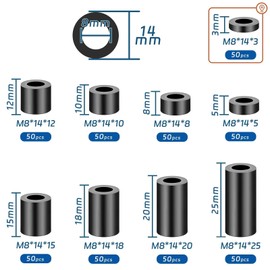 SWTYExt Spacer Sleeves M8 Round Spacers Pack of 50 Nylon Washers Plastic Spacer Sleeve ABS Rubber Spacer Insulation Washers 14 x 3 mm Black Spacers for M8 Screws