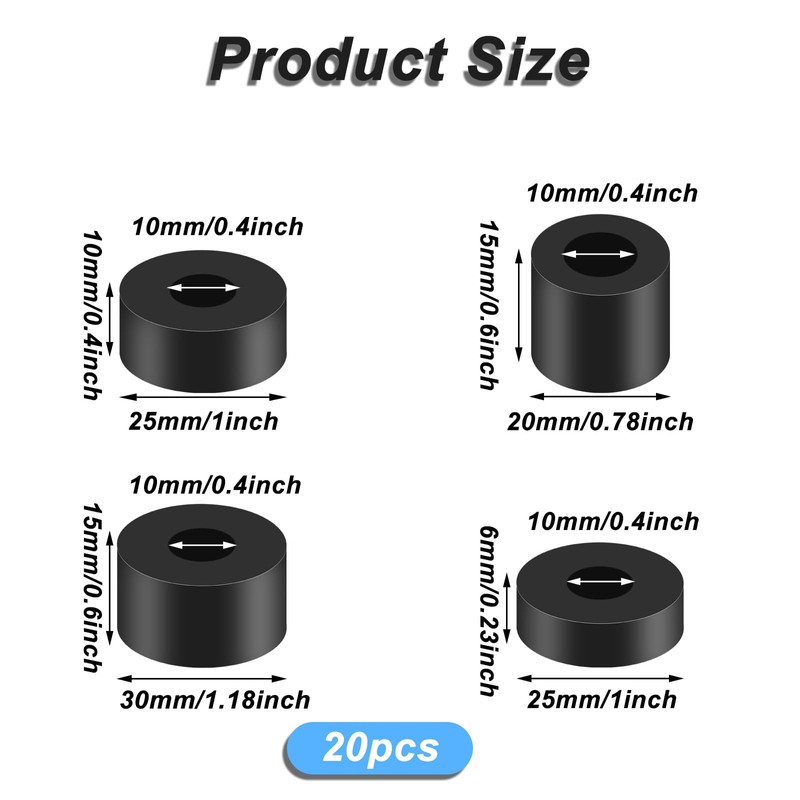 20PCS Rubber Spacer, 4 Sizes Black Thick Rubber Washers, Non-Slip