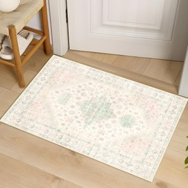 MUJOO Small Rug,2x3 Washable Area Rugs for Bathroom Entryway Entry Entrance Bedroom,Indoor Front Door Mat Non Slip Throw Carpet Boho Low Pile Light Pink and Green