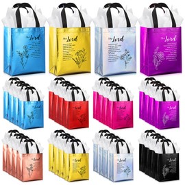 Sweetude 50 Set Christian Gift Bags with Tissue,4 Styles Flower Bible Verse Totes with Handle,Non Woven Reusable Religious Bags for Church Visitors,Sunday School,Easter, First Communion Gift