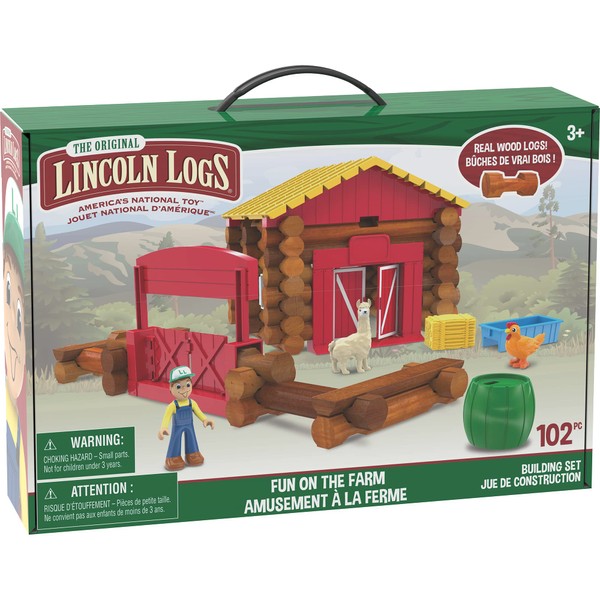 LINCOLN LOGS – Fun On The Farm - 102 Parts - Real Wood Logs - Ages 3+ - Best Retro Building Gift Set for Boys/Girls – Creative Construction Engineering – Top Blocks Game Kit - Preschool Education Toy