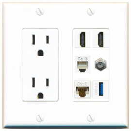 Wallplate City 2 HD Coax CAT6-RJ45 Phone Jack USB Keystone F/F Wall Plate-Outlet White