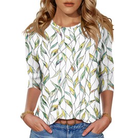 LOMON Summer Outfits for Women 2025 Short Sleeve Shirts for Women Fashion 2025 Summer Trendy 3/4 Tops White Leaves XL