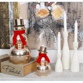 Sweet Summer Living Glass Snowman Set of 2 Pieces Assorted Tabletop Christmas Décor (9 inch Height x 5 inch Width & 13 inch Height x 7 inch Width) Glass Mercury Gold with Gold Hat and Red Scarf