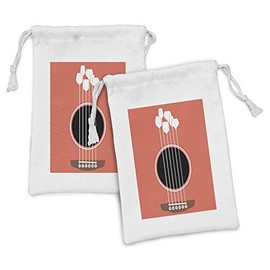Ambesonne Bar Fabric Pouch Set of 2, Acoustic Guitar Hole and Wine Glasses as Strings Musical Atmosphere, Small Drawstring Bag for Toiletries Masks and Favors, 9" x 6", Salmon White