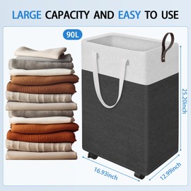 HomeHacks Rolling Large Laundry Hamper Large Collapsible Basket on Wheels, Waterproof Clothes Hamper, Narrow Corner Clothes Bins with Handles for Bathroom, Bedroom & Dorm (25.2 inches Grey)