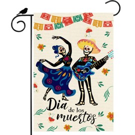 ZAEW Dia De Los Muertos Garden Flag Mexican Dance Sugar Skull Music Guitar Flowers Day of The Dead Yard Flag 12x18 Inch Double Sided Small Mini Yard Outdoor Outside Holiday Party Decoration