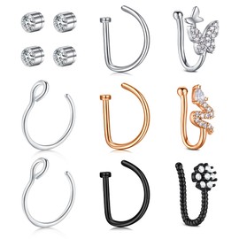 incaton Fake Nose Rings D Shaped Nose Rrings Non-Pierced Clip On Faux Nose Hoop Septum Nose Ring Set