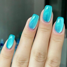 24Pcs Blue Press on Nails Short Square Fake Nails Glitter Full Cover Glue on Nails Reusable Acrylic Artificial Nails Glossy Design French False Nails Stick on Nails for Women Manicure Decorations Tips