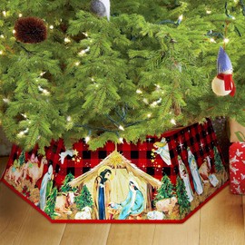 Blosssound Christmas Tree Skirt Red Buffalo Plaid Nativity Christmas Tree Collar Hexagonal Jesus Christian Christmas Tree Cover Base Holy Night Tree Skirt for Xmas Artificial Tree Decorations