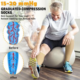 CASMON 2 Pairs Zipper Compression Socks for Women & Men, 15-20 mmHg Open Toe Knee High Support Socks for Varicose Vein Edema