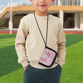 COEQINE Pink Axolotl Wallet for Teen Girls Little Girls Small Trifold Coin Purse with Lanyard Neck Small Coin Pouch for Kids Girls 5-7 Age