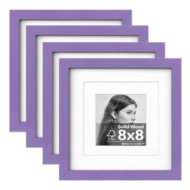 Egofine 8x8 Picture Frame 4PCS, Made of Solid Wood Covered by Plexiglass Display 4x4/6x6 with Mat or 8x8 without Mat, for Table Top Display and Wall Mounting Photo Frame, Purple