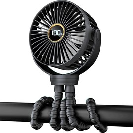 Portable Stroller Mini Fan, Small Rechargeable Personal Cooler w/ 360° Rotation, 3-Speed, Display, Battery Powered Stroller Accessories, Baby Essentials for Car Seat, Crib, Bike, Treadmill, Black