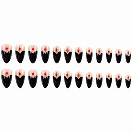 MERVF Medium Press on Nails Almond Fake Nails Press ons Black Heart French Tip Glue on Nails Red Star Stiletto Gothic Acrylic False Nails with Rhinestones Design Glossy 24pcs