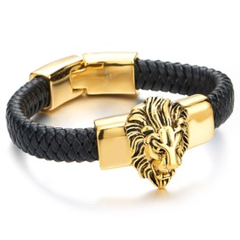COOLSTEELANDBEYOND Large Braided Leather Bracelet for Men with Stainless Steel Lion and Genuine Leather Biker Bracelet, Leather, No gemstone