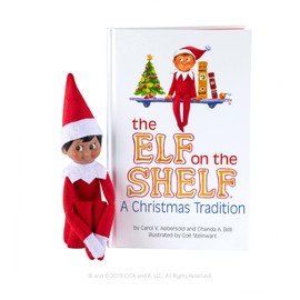 The Elf on The Shelf Bundle: Scout Elf Boy Dark Tone, Boy + Girl Dark Tone Frost Pips Figures and Elf Mate T-Shirts