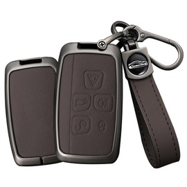 TECART Metal Key Fob Cover with Key Fob Keychain 5 Buttons Leather Key Shell Case Compatible with LR4 Range Rover Sport Evoque Jaguar XF XJ XJL F-pace Key Cover protection Brown