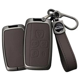 TECART Metal Key Fob Cover with Key Fob Keychain 5 Buttons Leather Key Shell Case Compatible with LR4 Range Rover Sport Evoque Jaguar XF XJ XJL F-pace Key Cover protection Brown