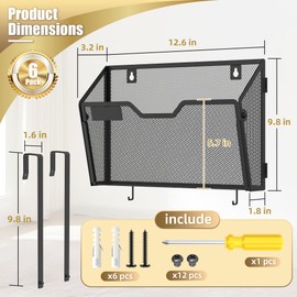 Docnest 6 Pack Hanging Wall File Holders, Mesh Wall Letter File Holder, Wall Mounted Mail Paper Document Folder Holder with Hooks for Office, Home, School, Black