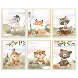 Dazzlewall 6Pcs Animal Nursery Wall Art Pints, Cute Fox Bear Raccoon Pictures for Toddler Playroom Bedroom Kids Room Decor 8×10 in Unframed
